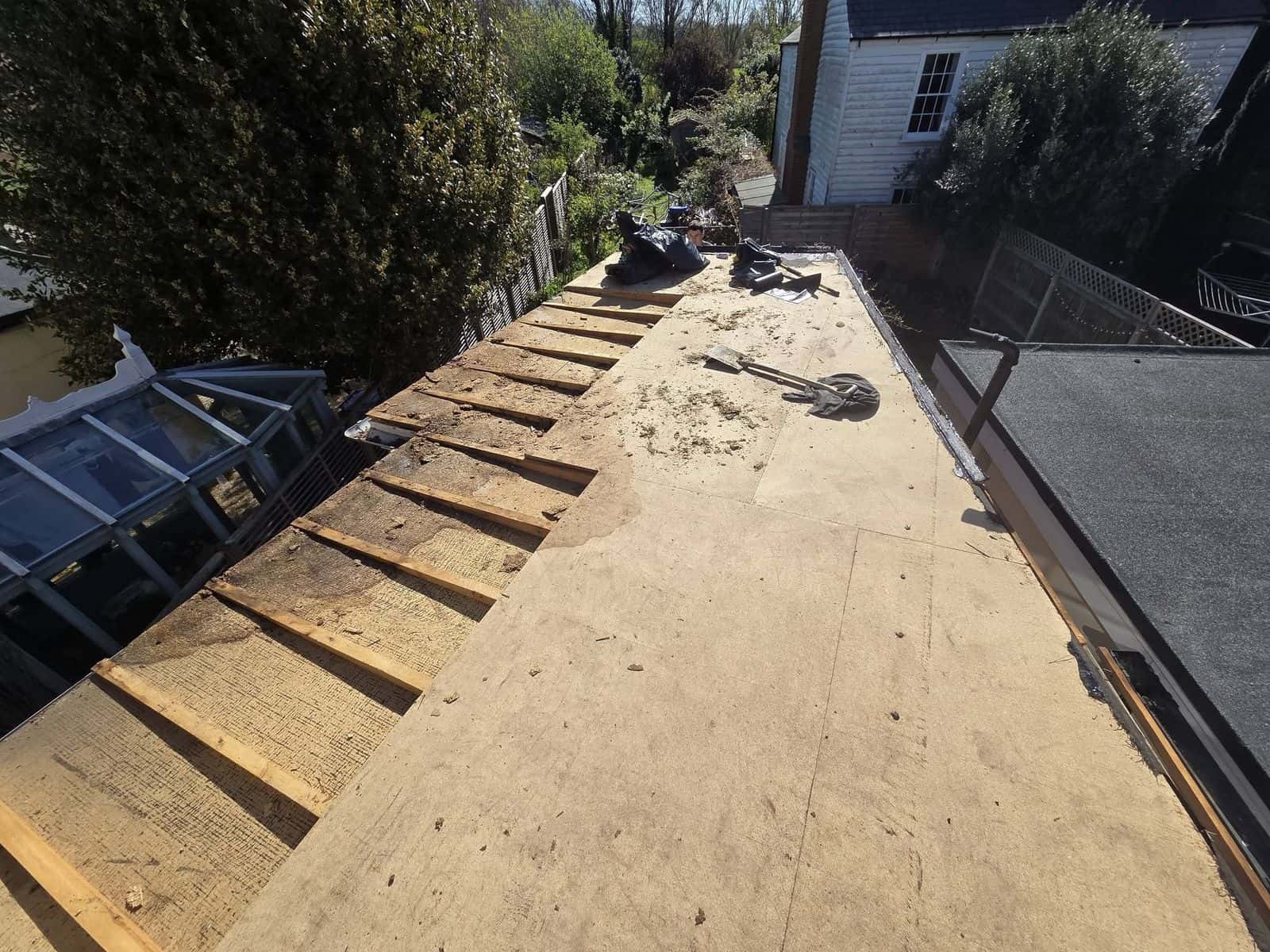 Flat roof re-boarded with new timber decking before the covering goes on